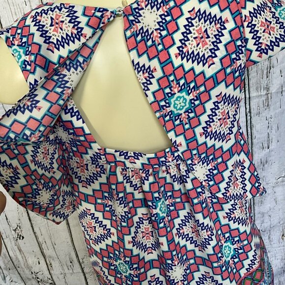 Anthropology Meadow Rue Sz 2 Square Neck Flutter Sleeve Blouse Mosaic Tile Top - Picture 4 of 5